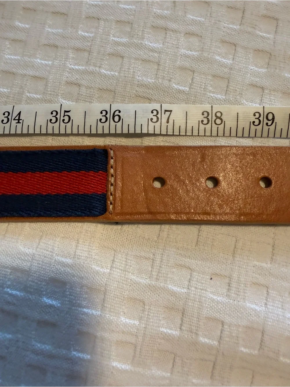 Michael Kors Gold Tone Buckle with Tan Leather blue and red stripe Accents